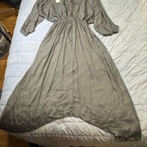 Grade & Gather NWT Green-Grey Maxi Dress Balloon Sleeve Asym Hem Size S